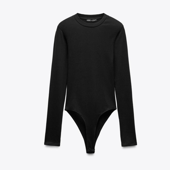 Zara Black Long Sleeve Bodysuit Ribbed Knit Double Snap Sz Medium - Picture 7 of 9